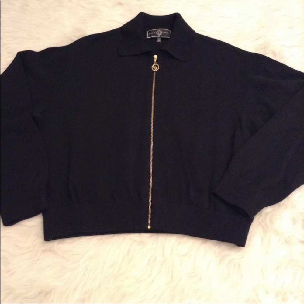 St. John Sport Marie‎ Gray Black Full Zip Knit Sweater Jacket Gold Logo Pull S